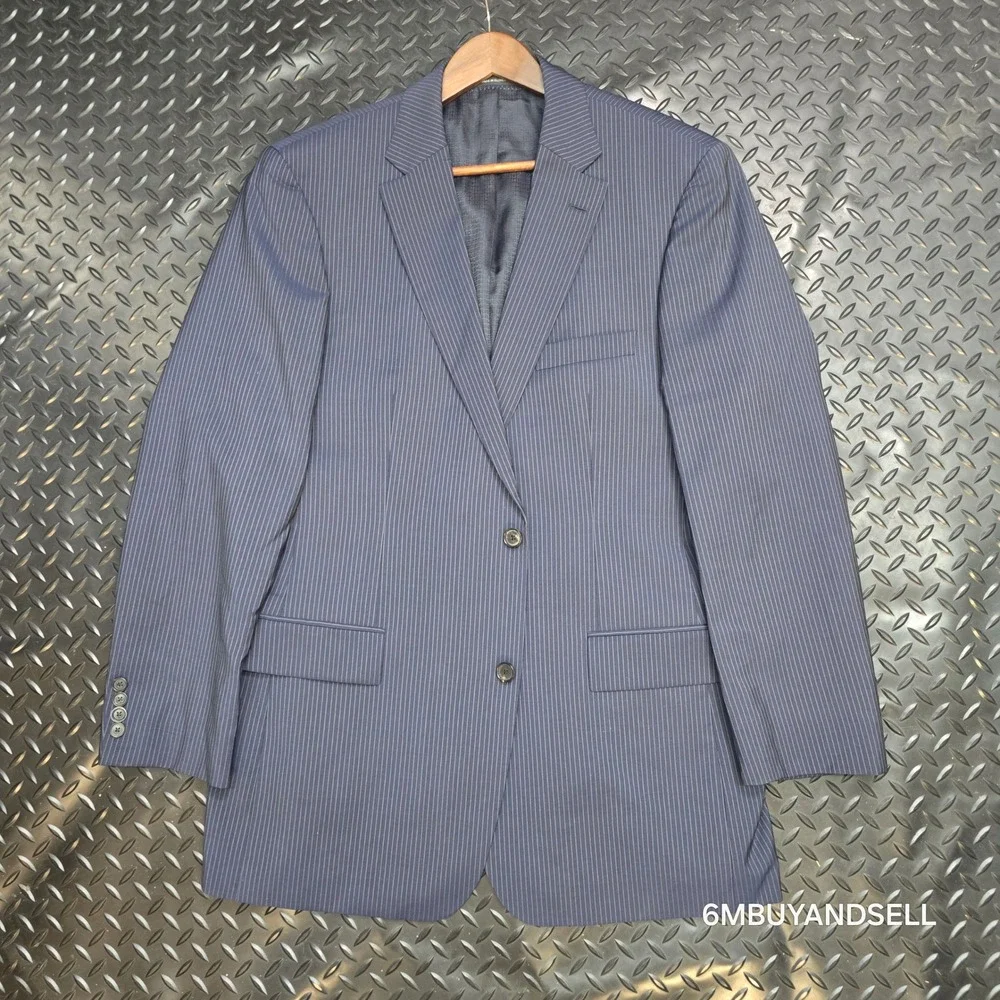 Hugo Boss Pasini2 Movie2 Mens 46L Navy Blue Pinstripe Virgin Wool Suit Jacket